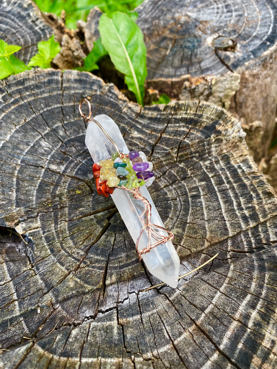 Clear Quartz Point Chakra Tree Necklace